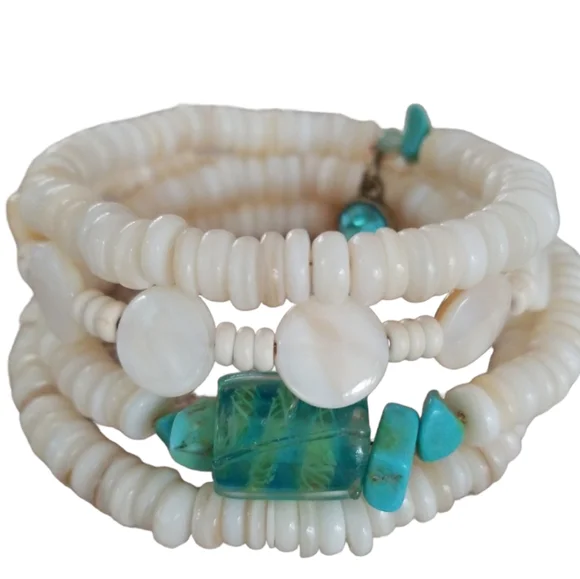 Hand Crafted Art Glass and Natural Shell Wrap Bracelet NWT - Picture 6 of 6